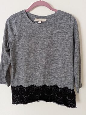 LOFT Gray Crewneck Sweater with Black Lace Trim